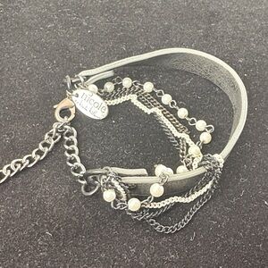 Nicole Miller Black and Silver Multi-Chain and Leather Bracelet